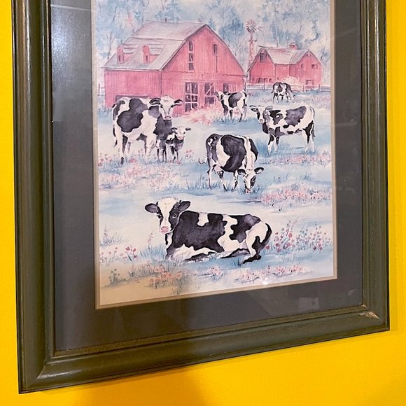 VINTAGE COW SCENE RED BARN IN FRAME BY AVA FREEMAN 16” X 20” - Picture 3 of 3